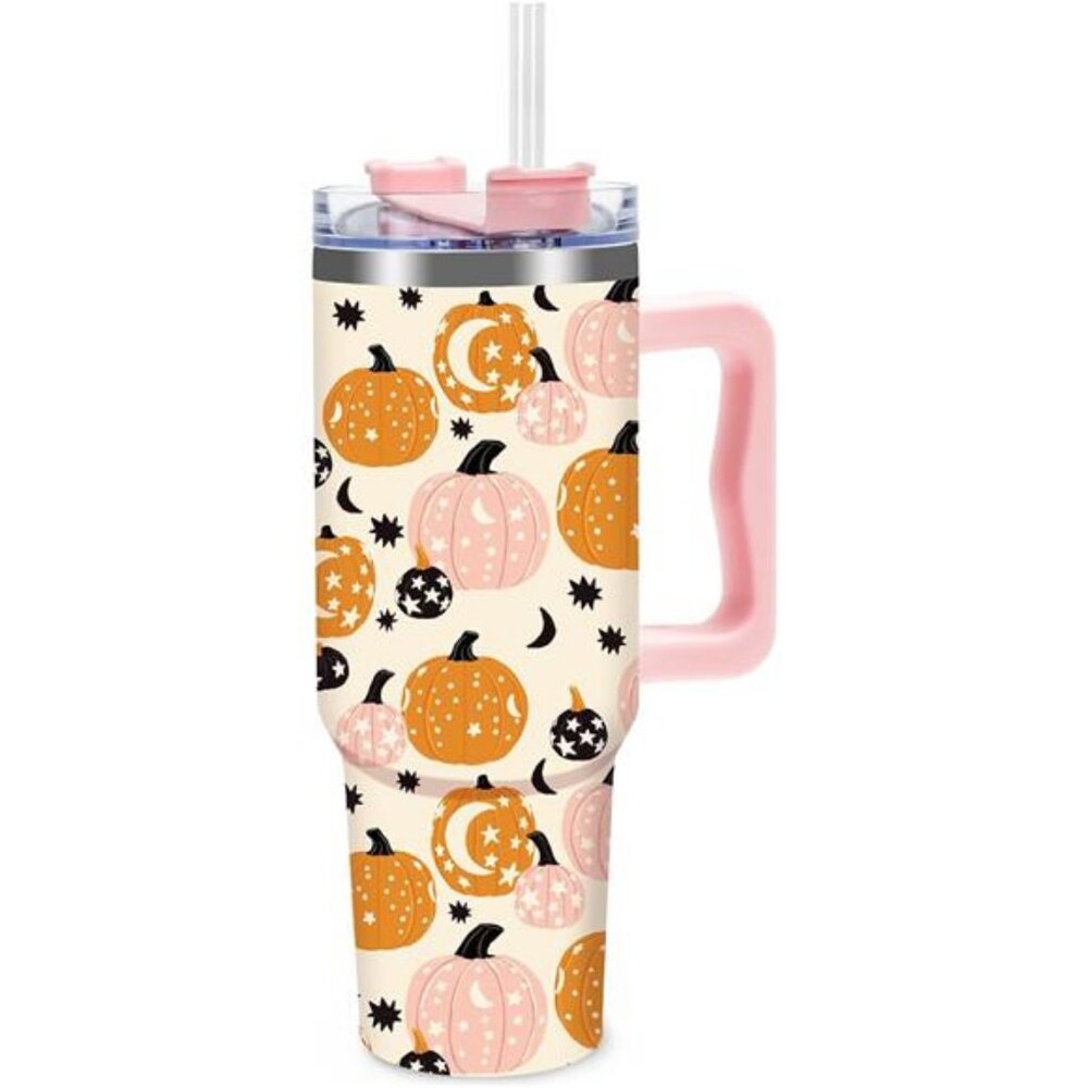 Fall Pumpkin Tumbler‎ with Lid Straw 40 Oz Pink Orange Pumpkin Stainless Steel